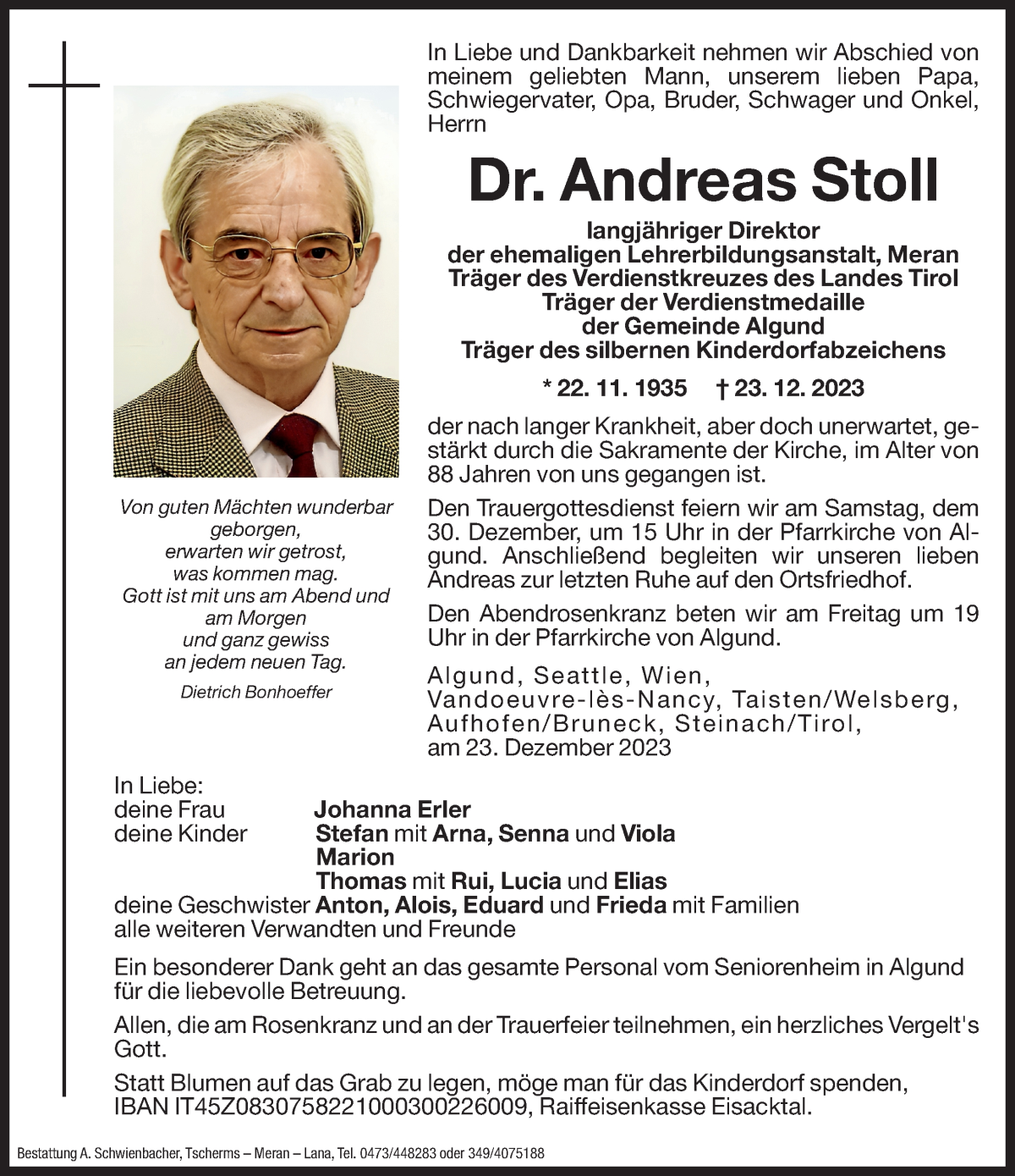  Traueranzeige für Andreas Stoll vom 28.12.2023 aus Dolomiten