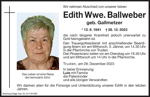 Traueranzeige von Edith Ballweber von Dolomiten