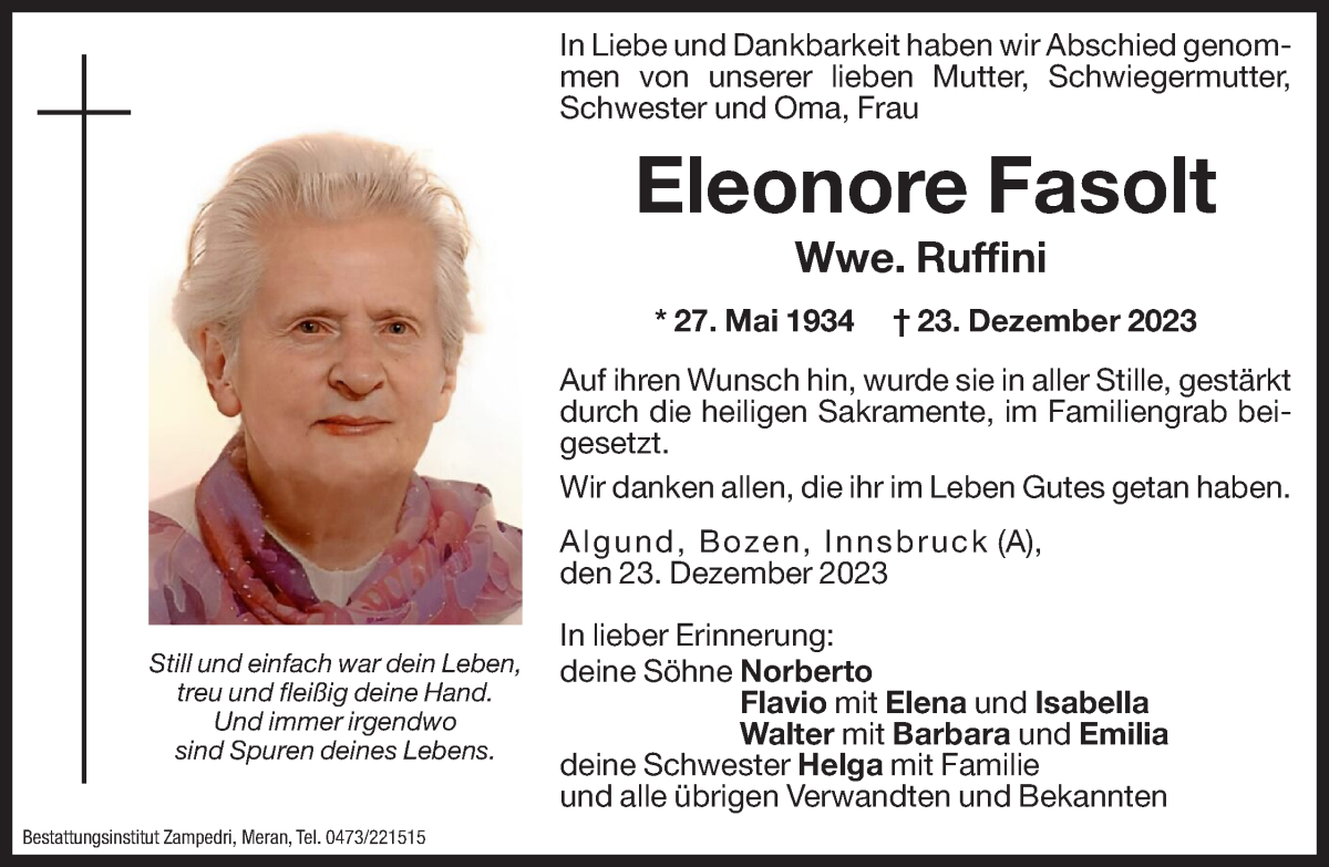  Traueranzeige für Eleonore Ruffini   vom 30.12.2023 aus Dolomiten