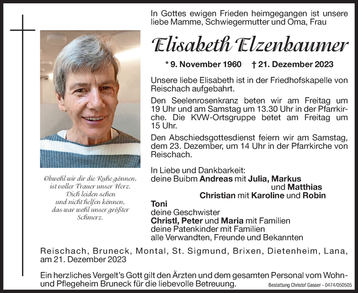  Traueranzeige für Elisabeth Elzenbaumer vom 22.12.2023 aus Dolomiten