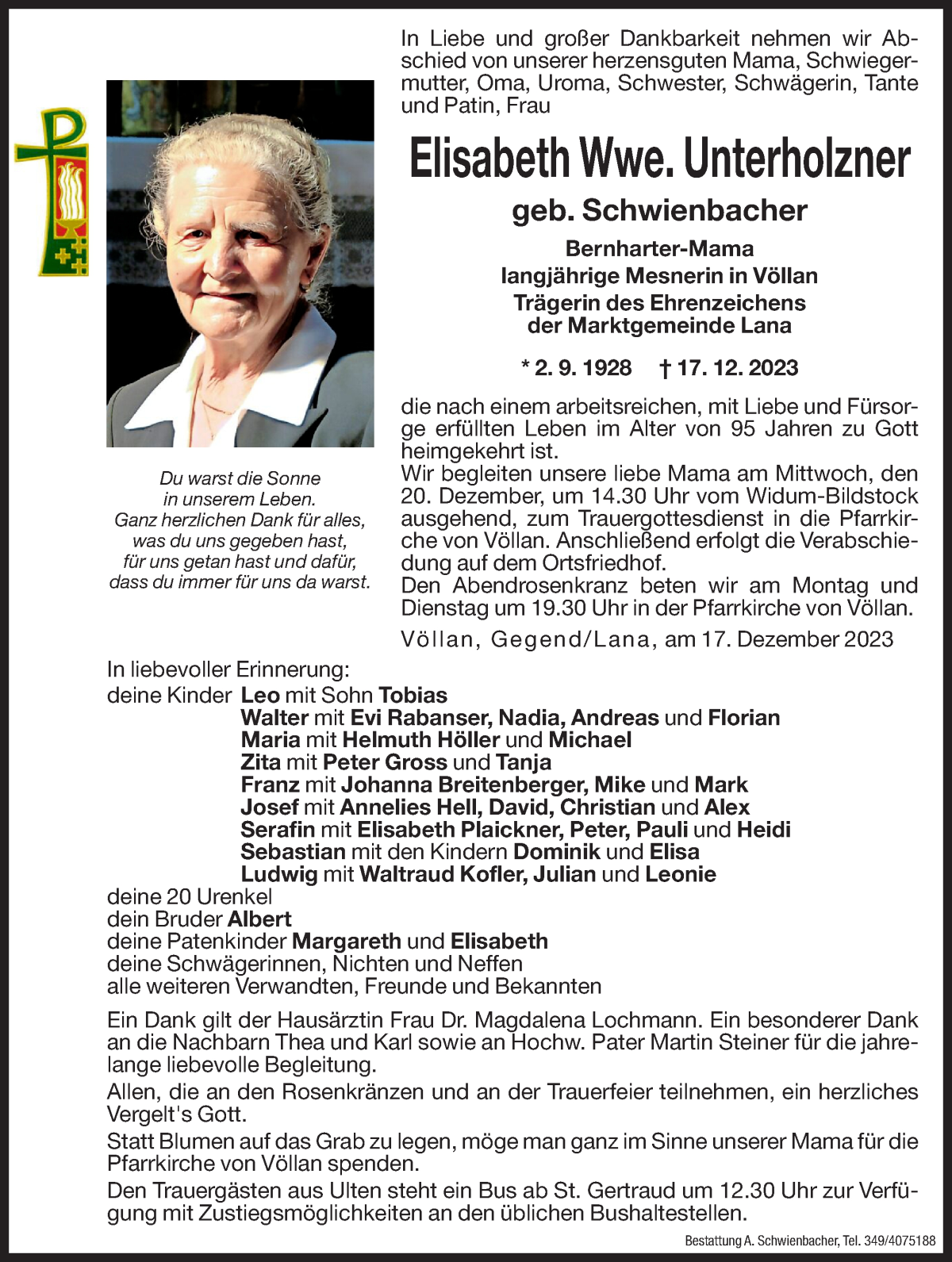  Traueranzeige für Elisabeth Unterholzner vom 18.12.2023 aus Dolomiten