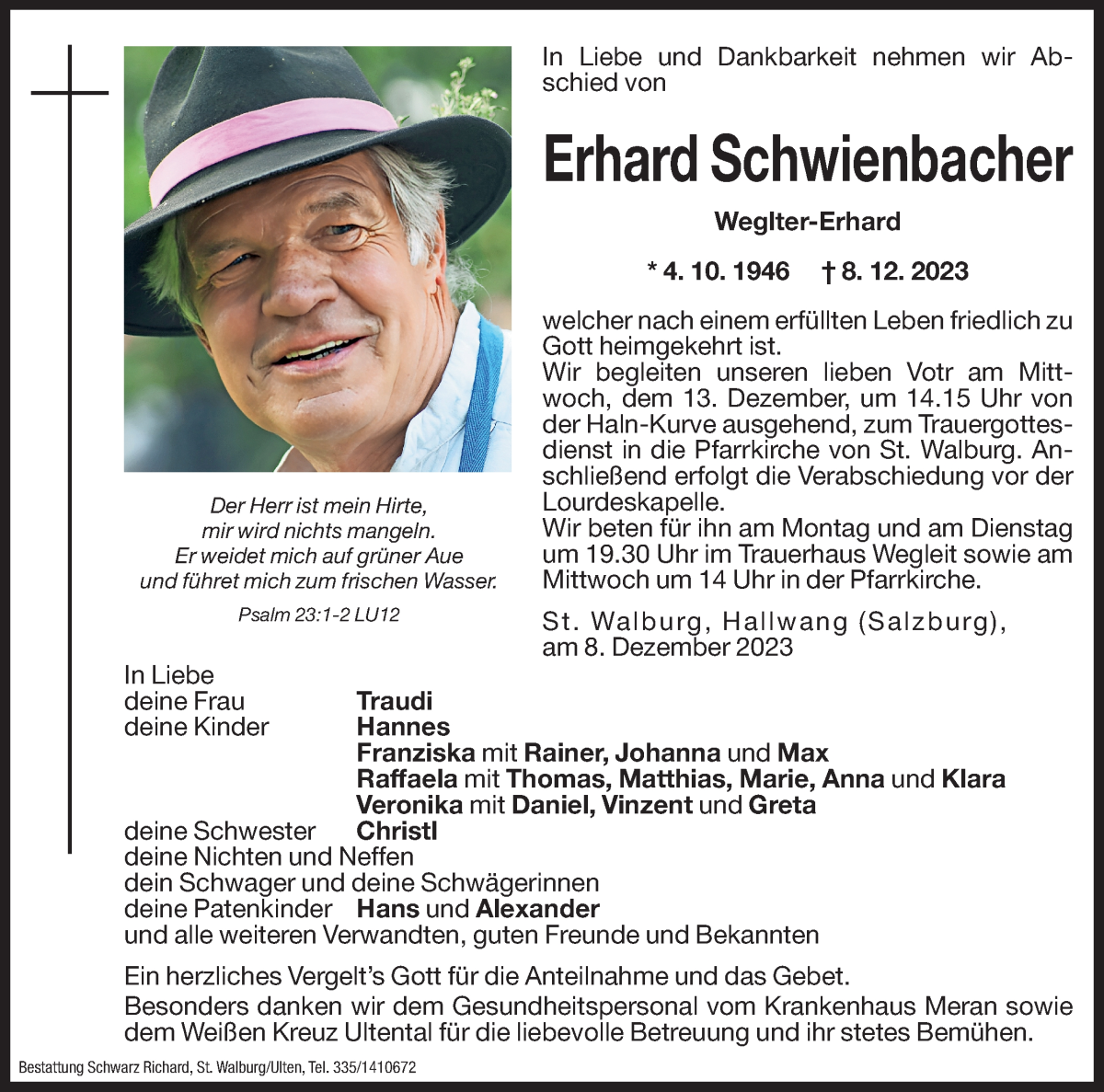  Traueranzeige für Erhard Schwienbacher vom 11.12.2023 aus Dolomiten