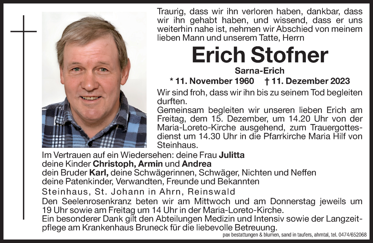  Traueranzeige für Erich Stofner vom 13.12.2023 aus Dolomiten
