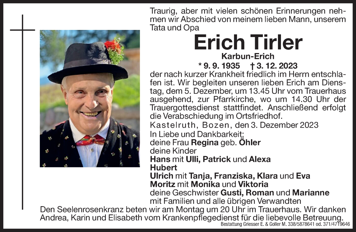  Traueranzeige für Erich Tirler vom 04.12.2023 aus Dolomiten