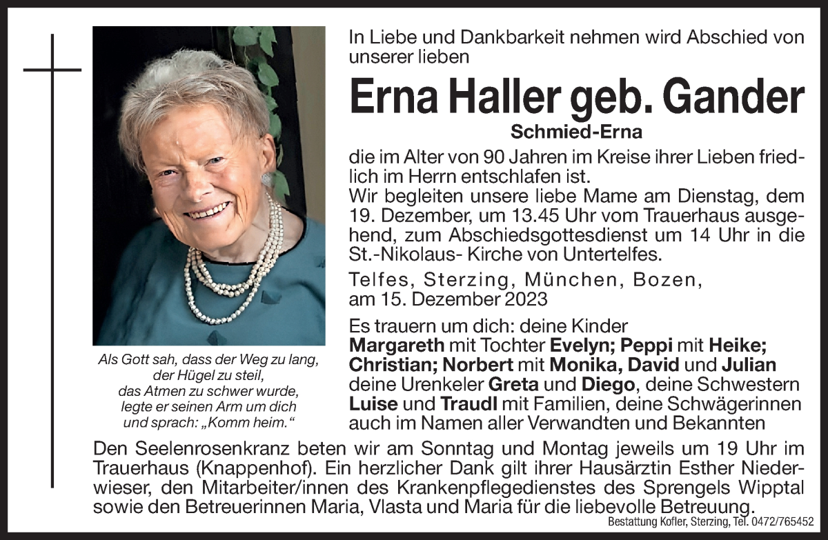  Traueranzeige für Erna Haller vom 16.12.2023 aus Dolomiten