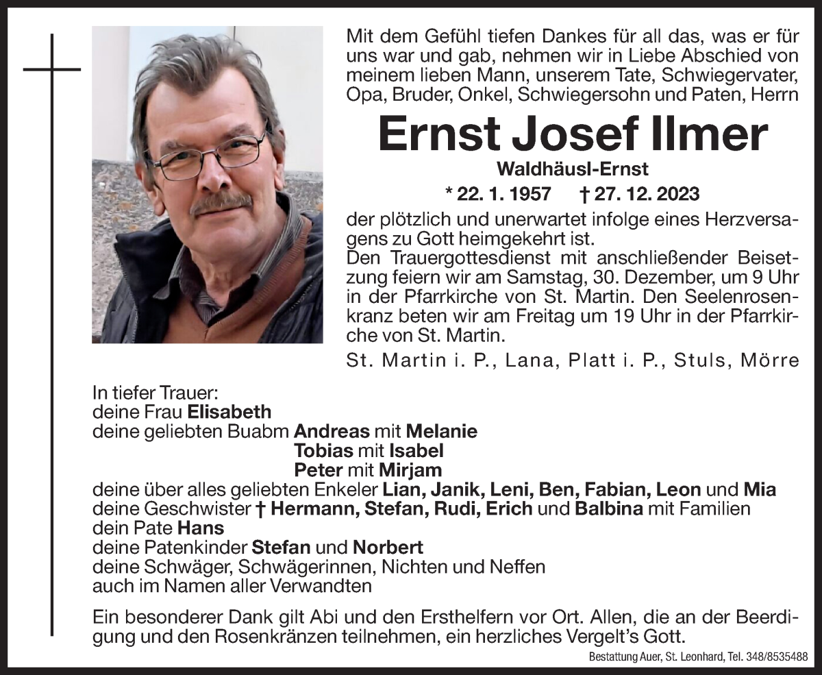  Traueranzeige für Ernst Josef Ilmer vom 29.12.2023 aus Dolomiten