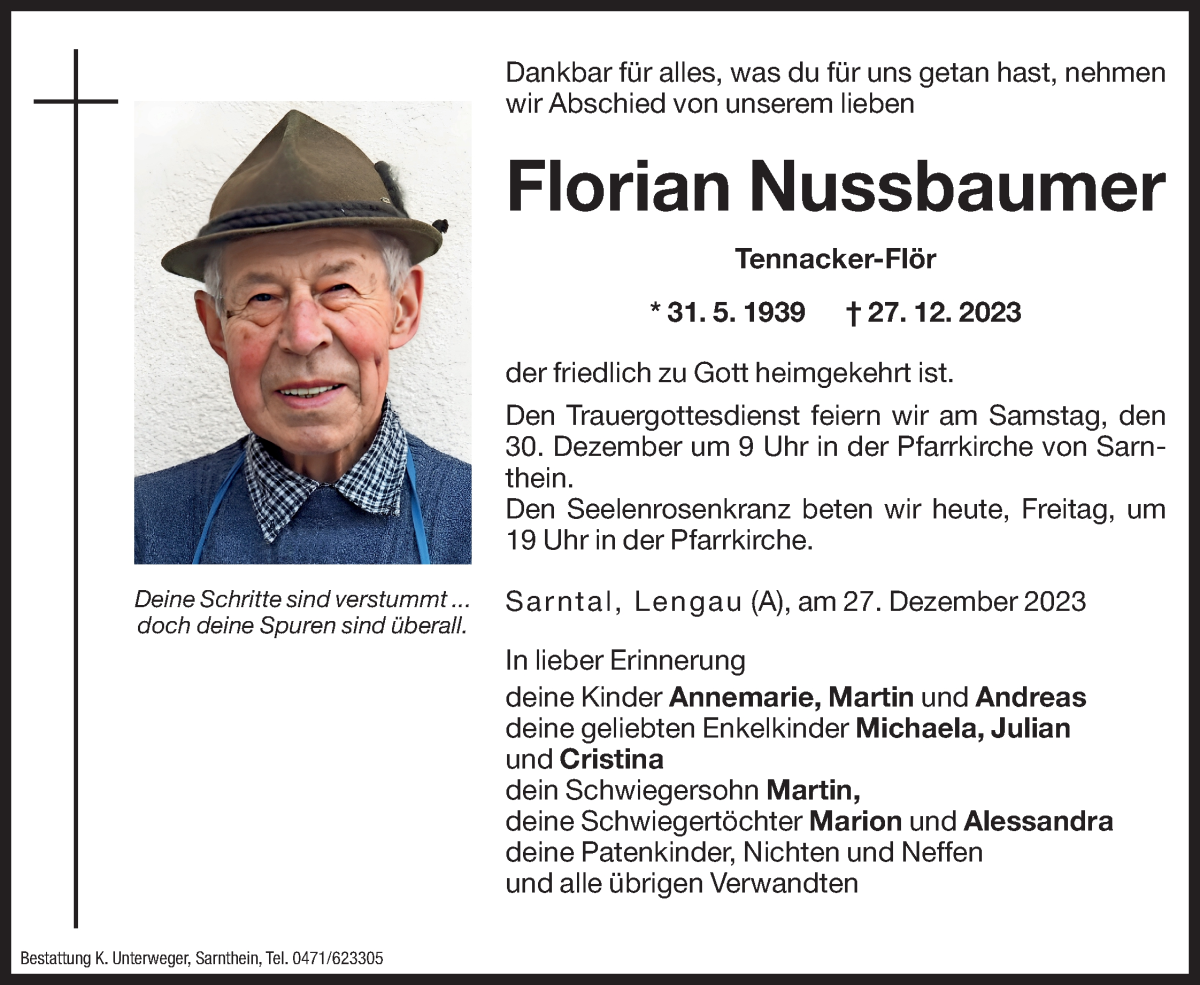  Traueranzeige für Florian Nussbaumer vom 29.12.2023 aus Dolomiten