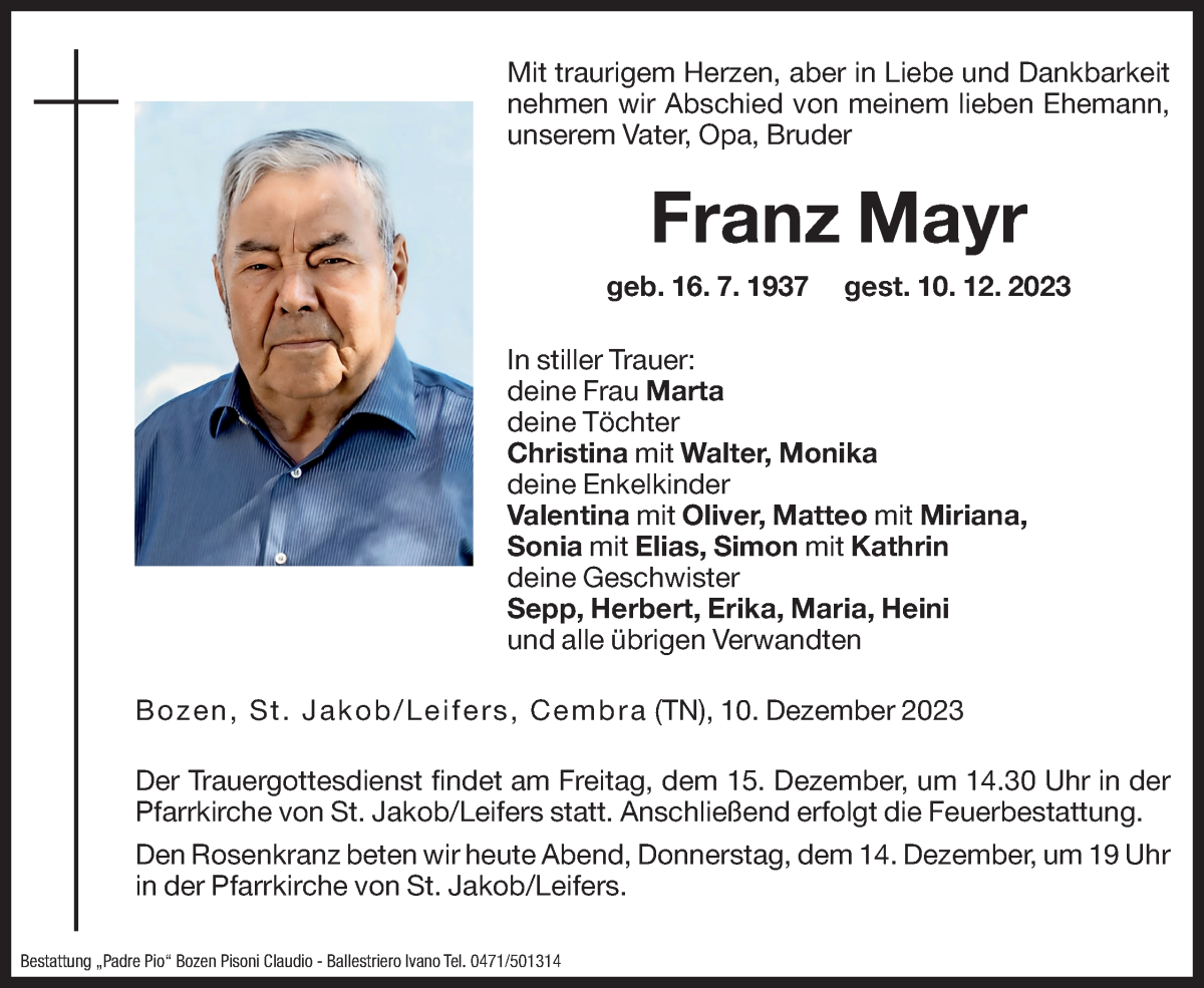  Traueranzeige für Franz Mayr vom 14.12.2023 aus Dolomiten