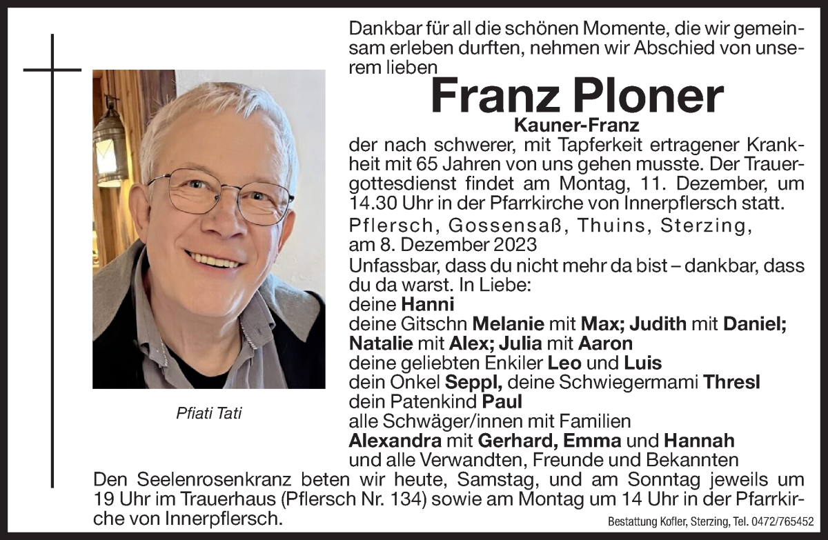  Traueranzeige für Franz Ploner vom 09.12.2023 aus Dolomiten