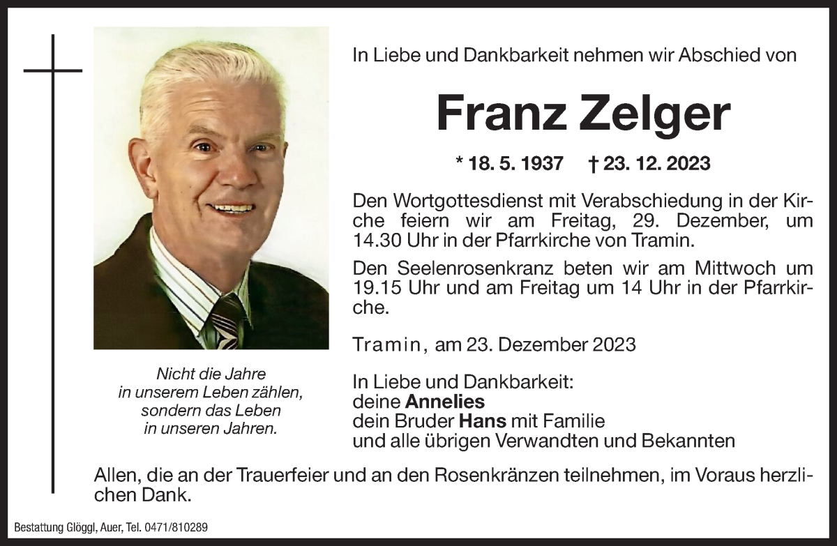  Traueranzeige für Franz Zelger vom 27.12.2023 aus Dolomiten