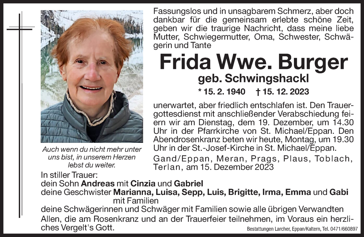 Traueranzeige für Frida Burger vom 18.12.2023 aus Dolomiten