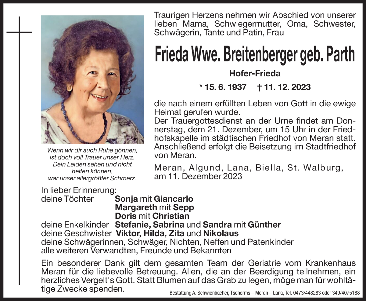  Traueranzeige für Frieda Breitenberger vom 18.12.2023 aus Dolomiten
