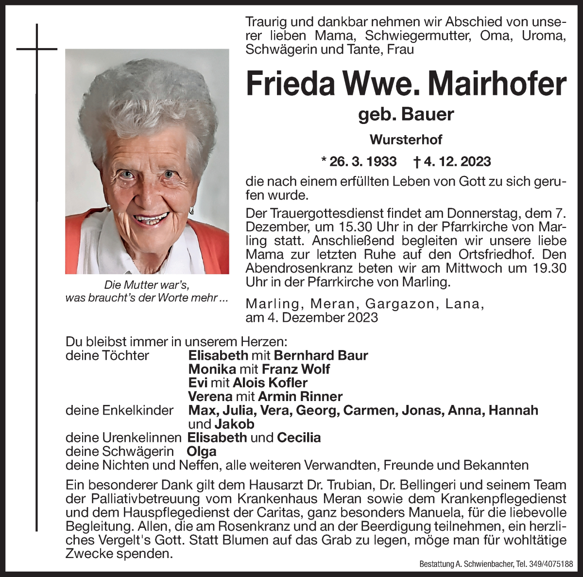  Traueranzeige für Frieda Mairhofer vom 05.12.2023 aus Dolomiten