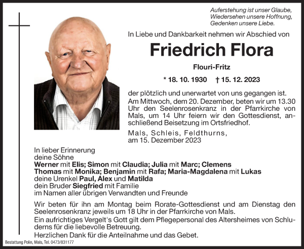 Traueranzeige von Friedrich Flora  von Dolomiten