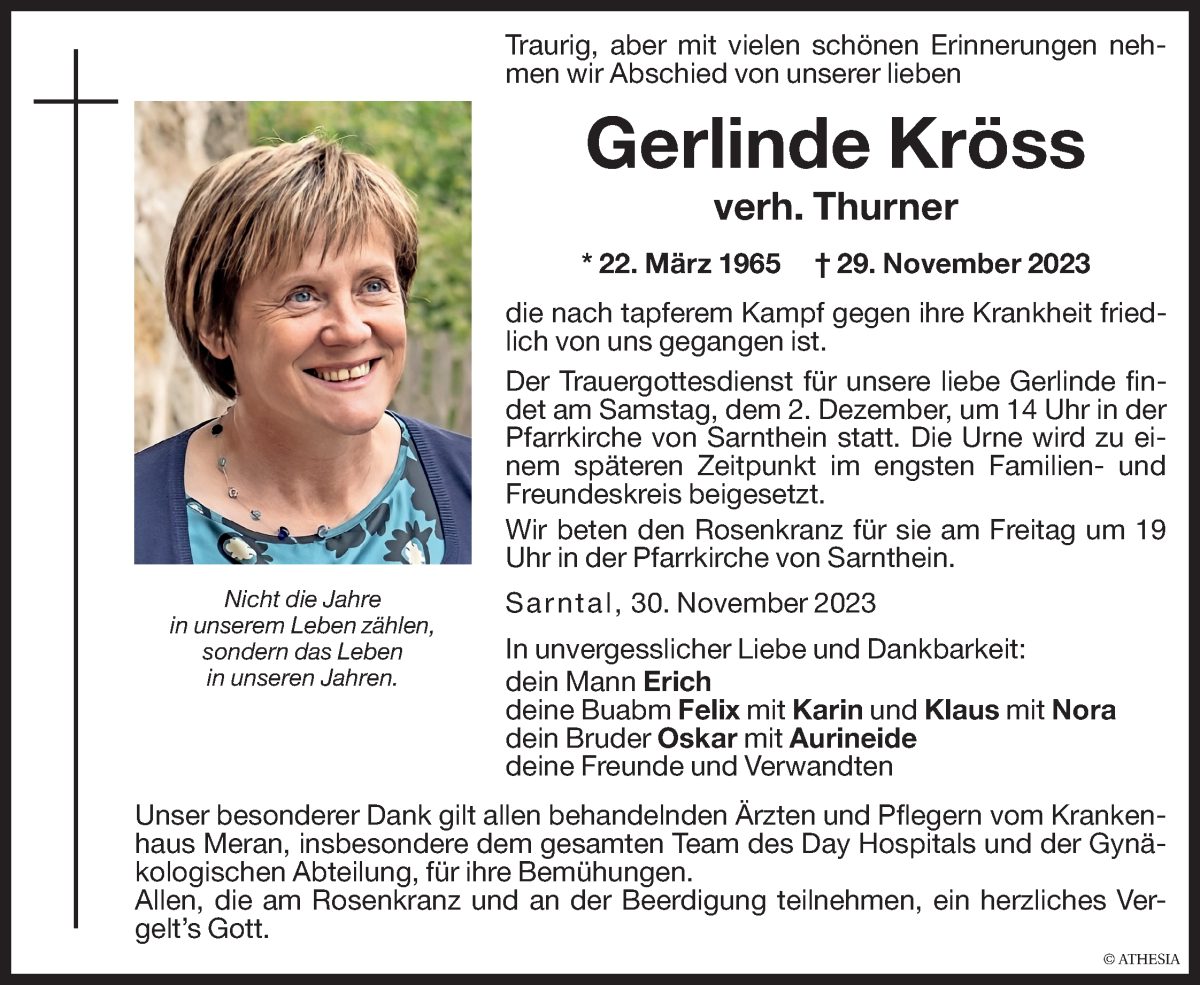  Traueranzeige für Gerlinde Thurner vom 01.12.2023 aus Dolomiten