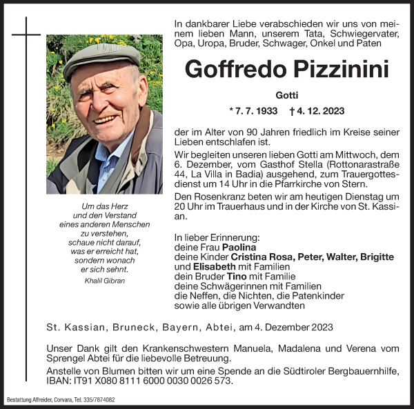 Traueranzeige von Goffredo Pizzinini von Dolomiten