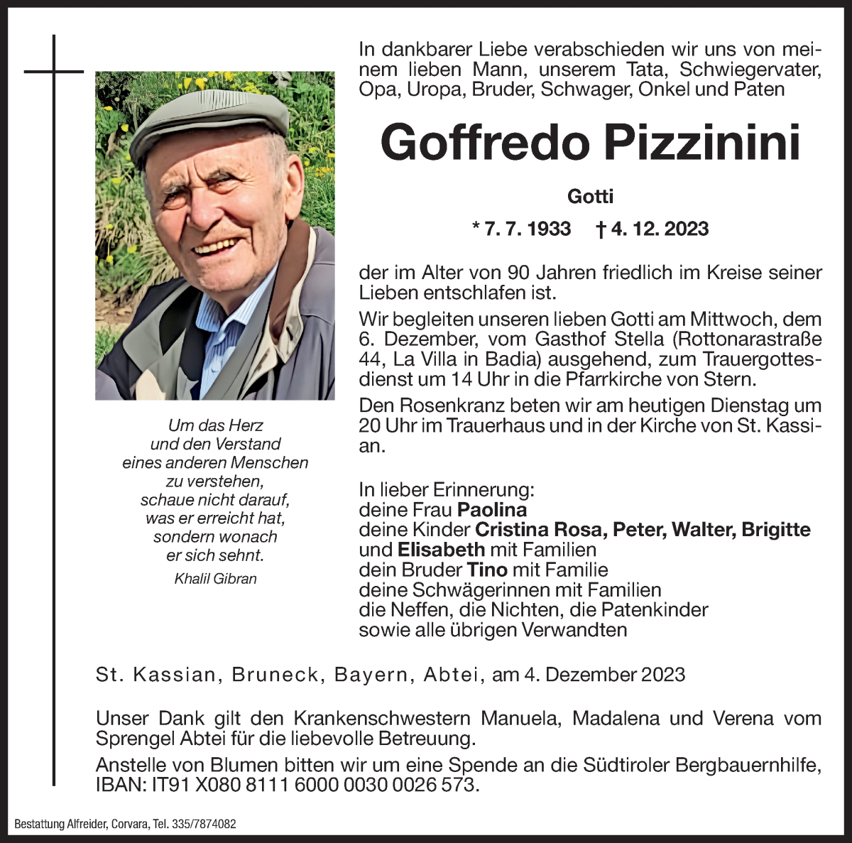  Traueranzeige für Goffredo Pizzinini vom 05.12.2023 aus Dolomiten