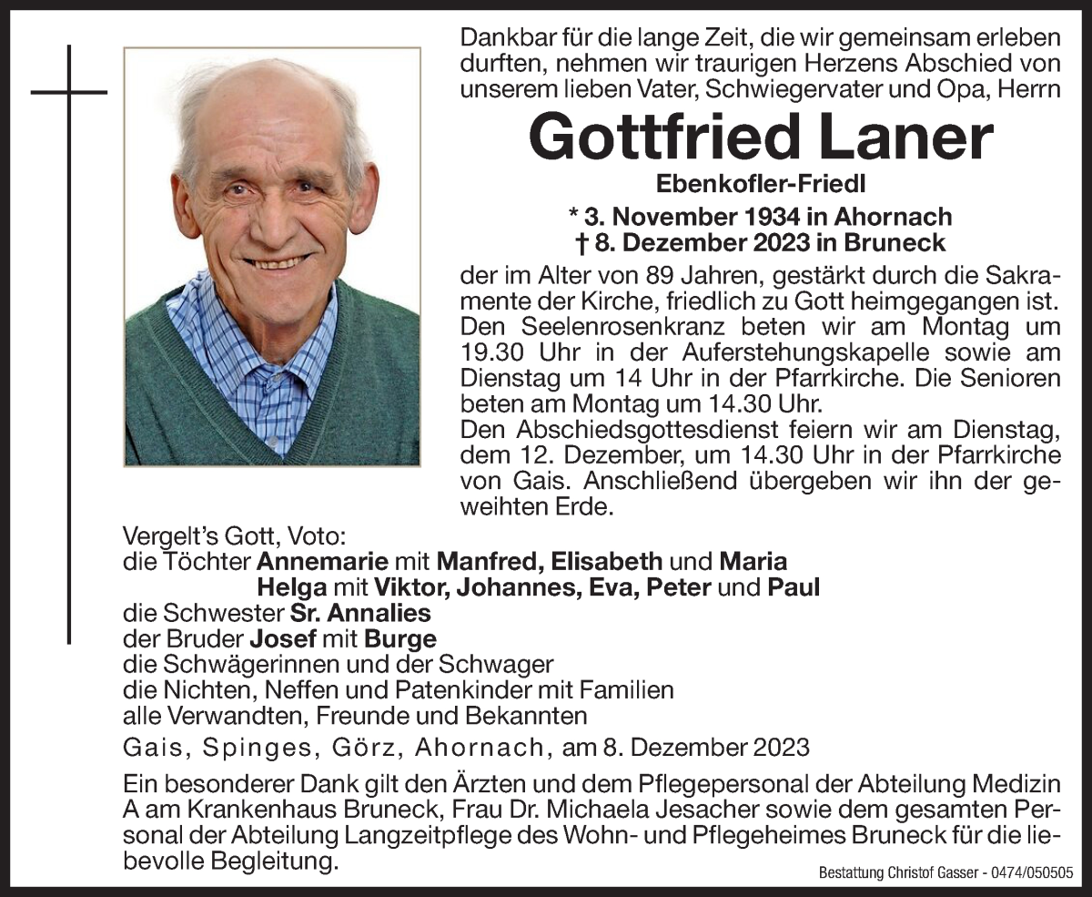  Traueranzeige für Gottfried Laner vom 11.12.2023 aus Dolomiten