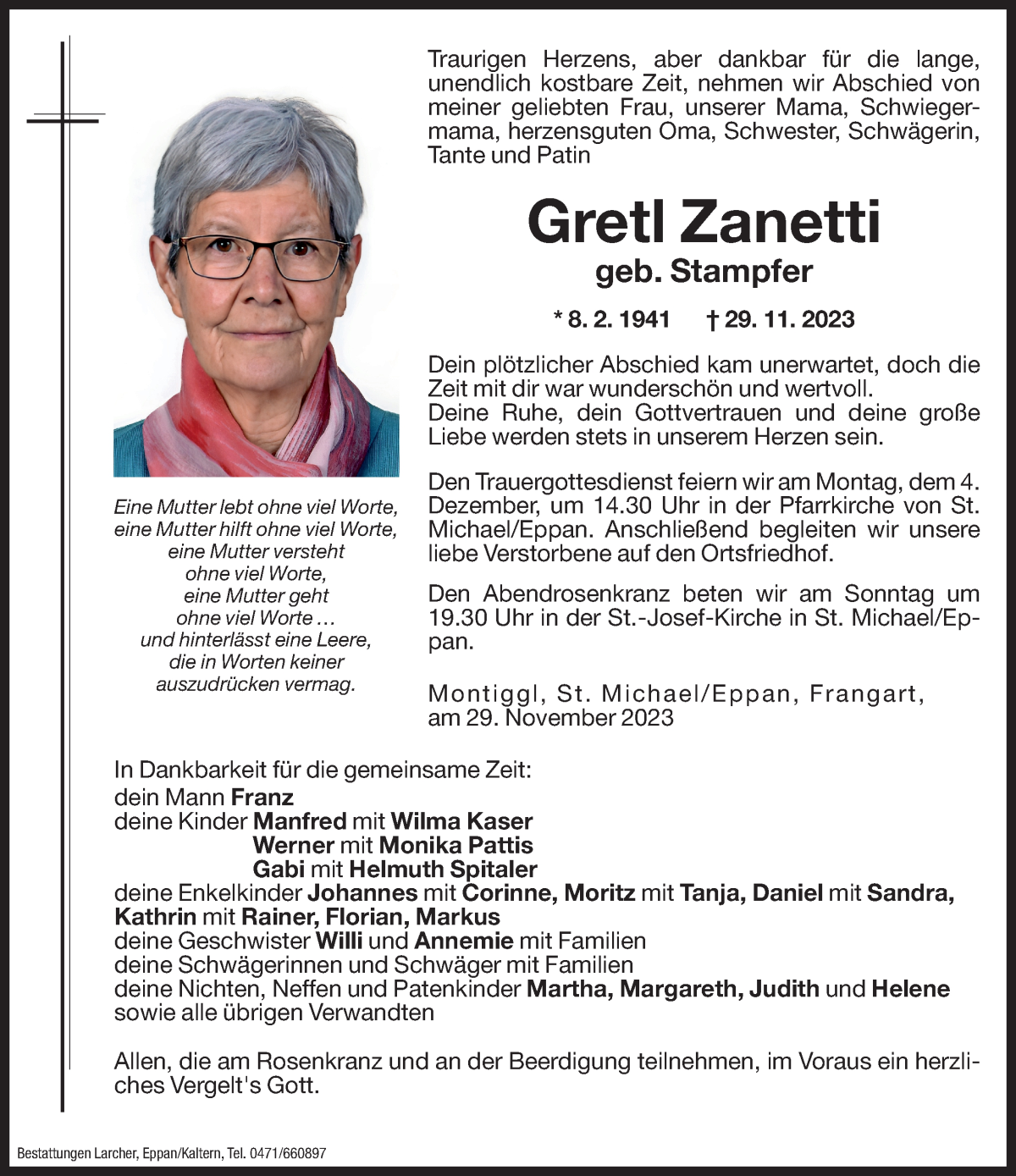  Traueranzeige für Gretl Zanetti vom 01.12.2023 aus Dolomiten