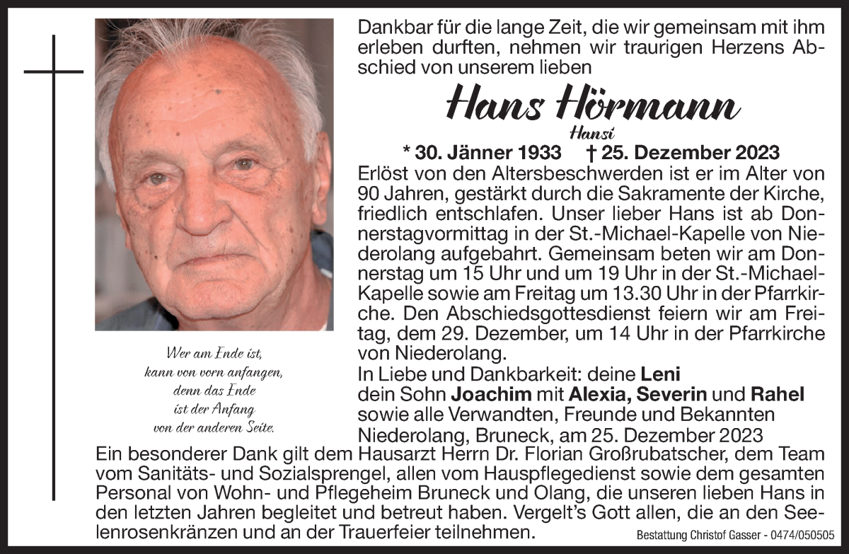  Traueranzeige für Hans Hörmann vom 28.12.2023 aus Dolomiten