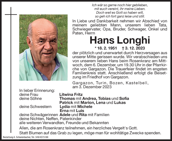Traueranzeige von Hans Longhi von Dolomiten