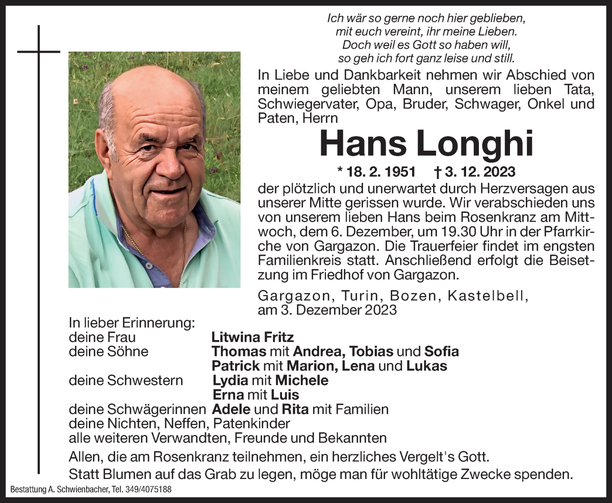  Traueranzeige für Hans Longhi vom 05.12.2023 aus Dolomiten