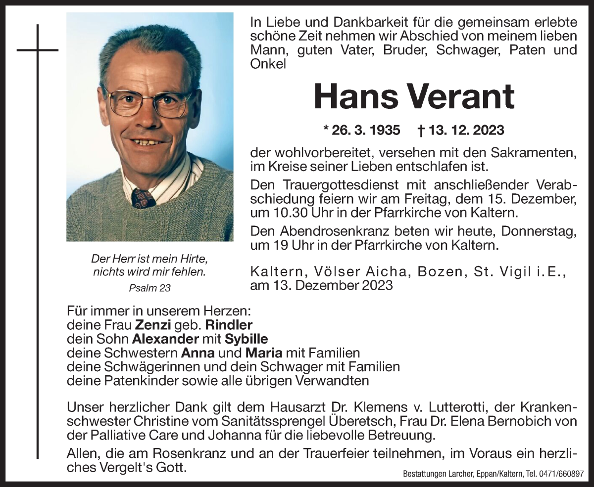  Traueranzeige für Hans Verant vom 14.12.2023 aus Dolomiten
