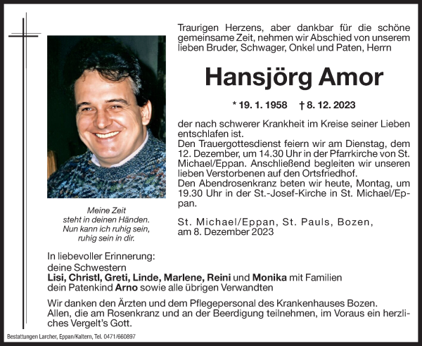Traueranzeige von Hansjörg Amor von Dolomiten