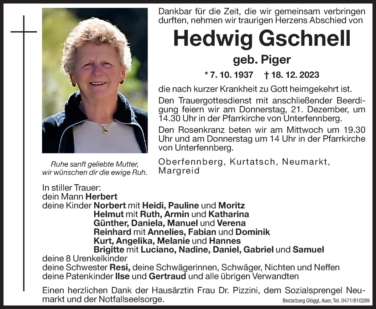  Traueranzeige für Hedwig Gschnell vom 20.12.2023 aus Dolomiten