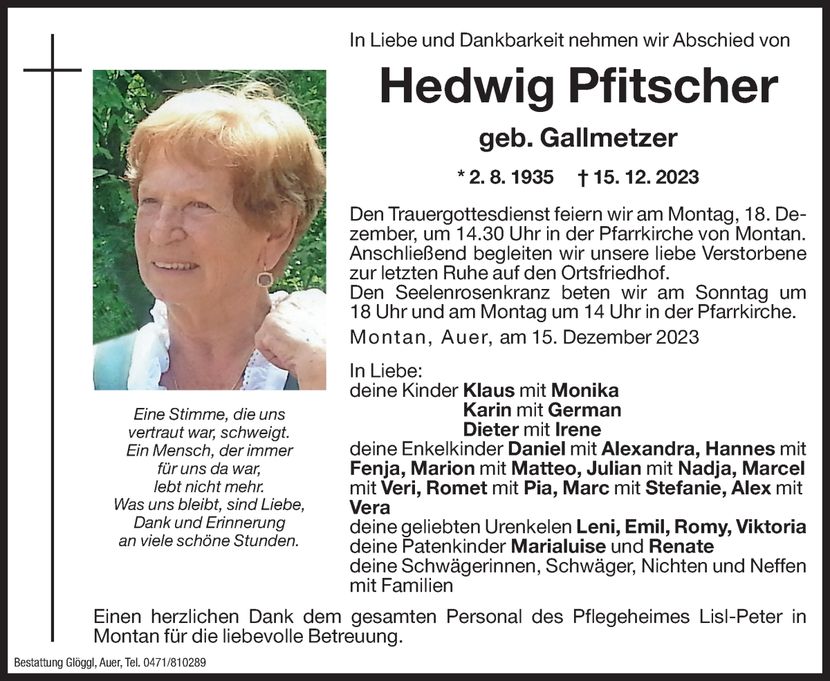  Traueranzeige für Hedwig Pfitscher vom 16.12.2023 aus Dolomiten