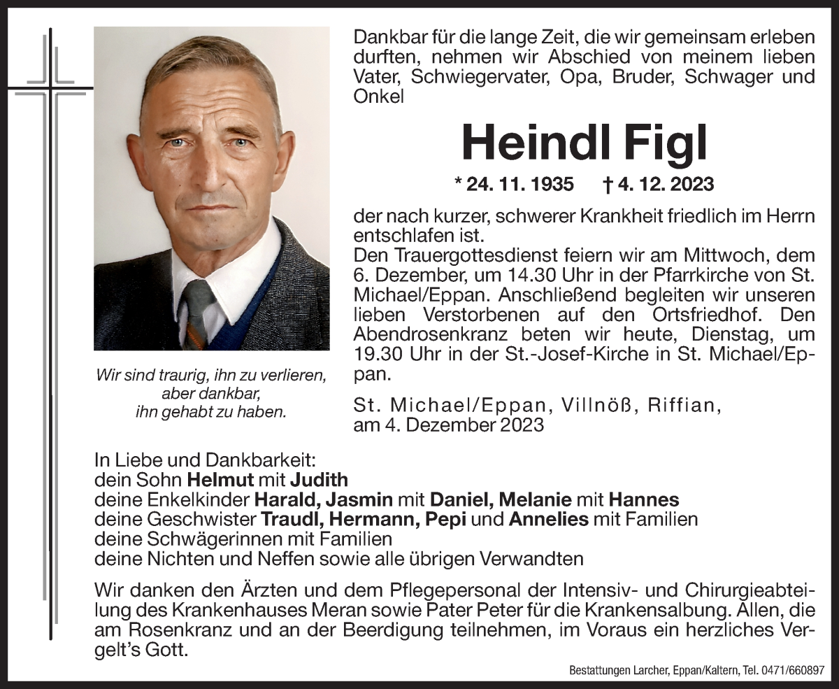  Traueranzeige für Heindl Figl vom 05.12.2023 aus Dolomiten