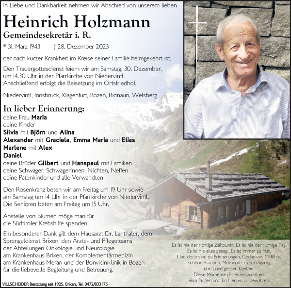 Traueranzeige von Heinrich Holzmann von Dolomiten