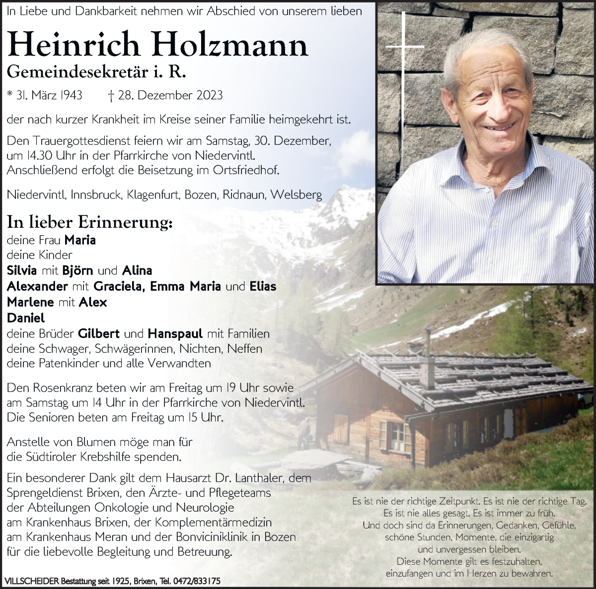  Traueranzeige für Heinrich Holzmann vom 29.12.2023 aus Dolomiten