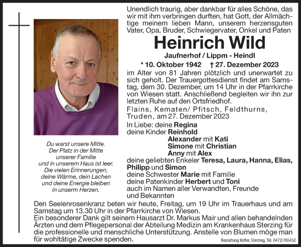 Traueranzeige von Heinrich Wild von Dolomiten