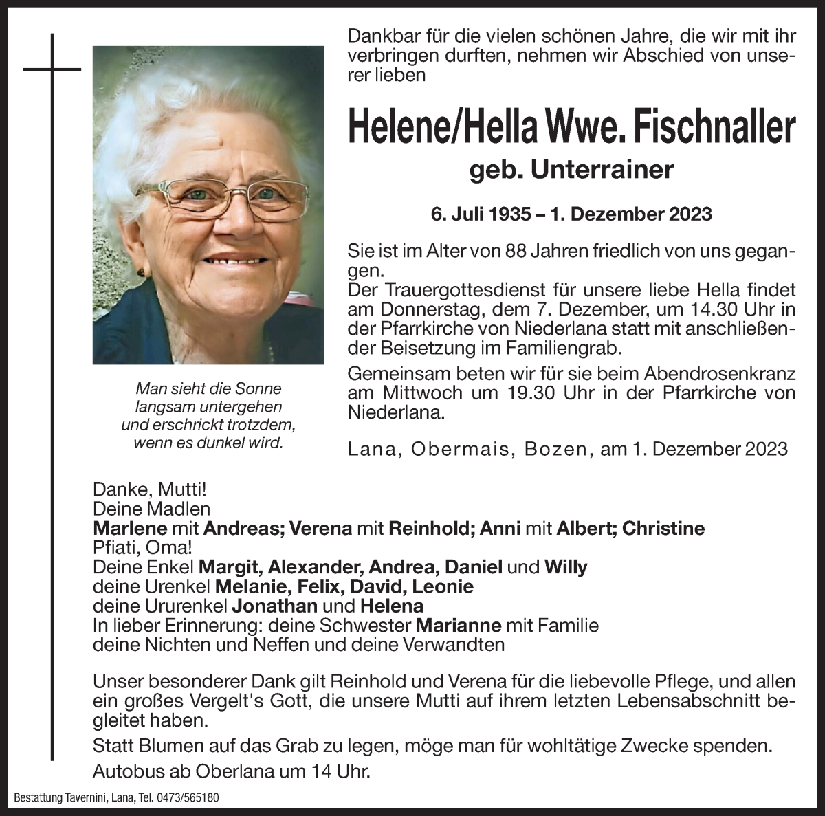  Traueranzeige für Helene Fischnaller vom 05.12.2023 aus Dolomiten
