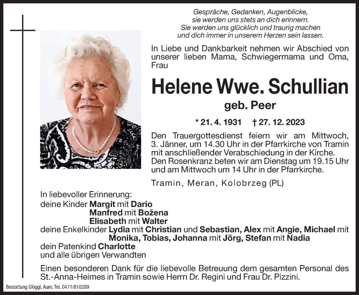  Traueranzeige für Helene Schullian vom 29.12.2023 aus Dolomiten