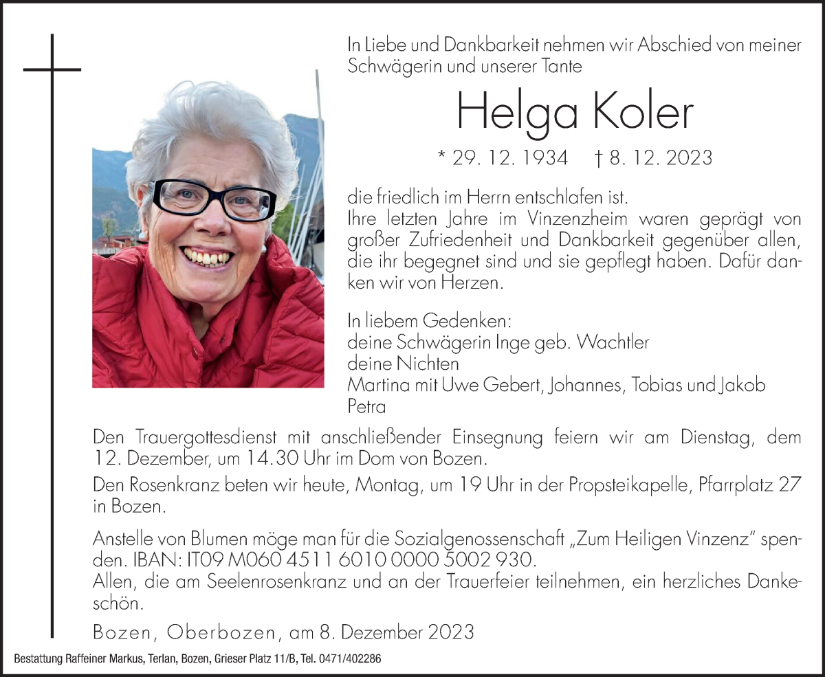  Traueranzeige für Helga Koler vom 11.12.2023 aus Dolomiten