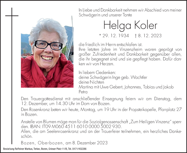 Traueranzeige von Helga Koler von Dolomiten