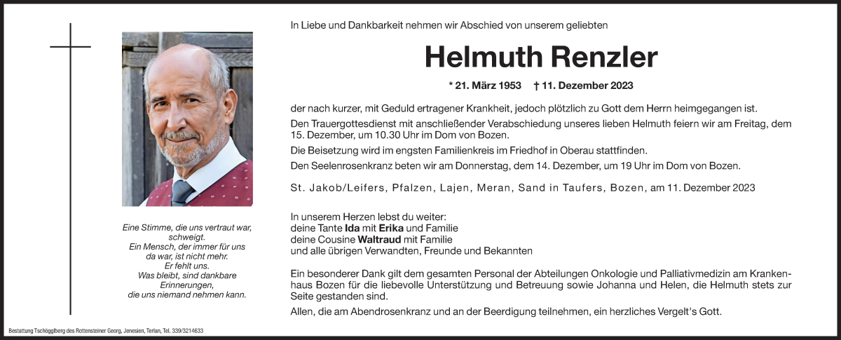  Traueranzeige für Helmuth Renzler vom 13.12.2023 aus Dolomiten