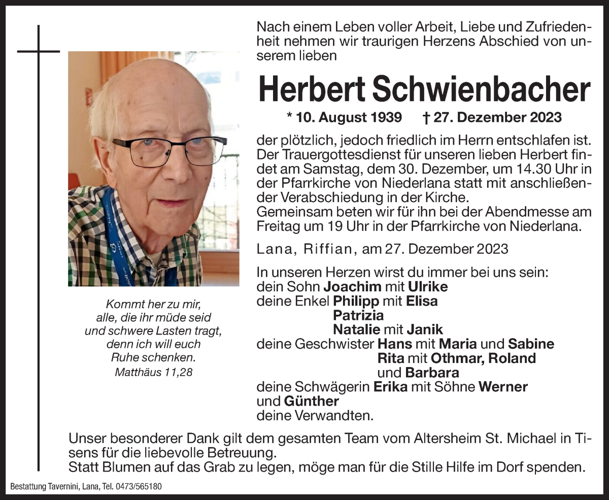  Traueranzeige für Herbert Schwienbacher vom 29.12.2023 aus Dolomiten