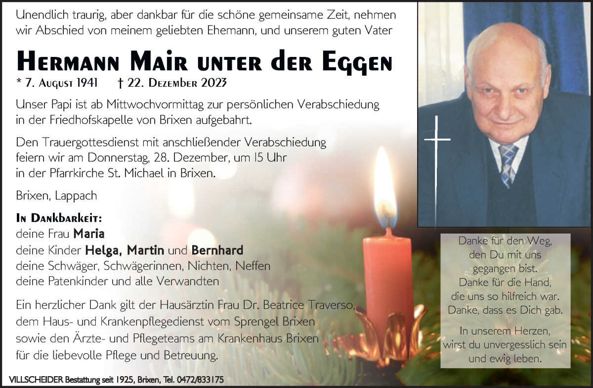  Traueranzeige für Hermann Mair unter der Eggen vom 28.12.2023 aus Dolomiten