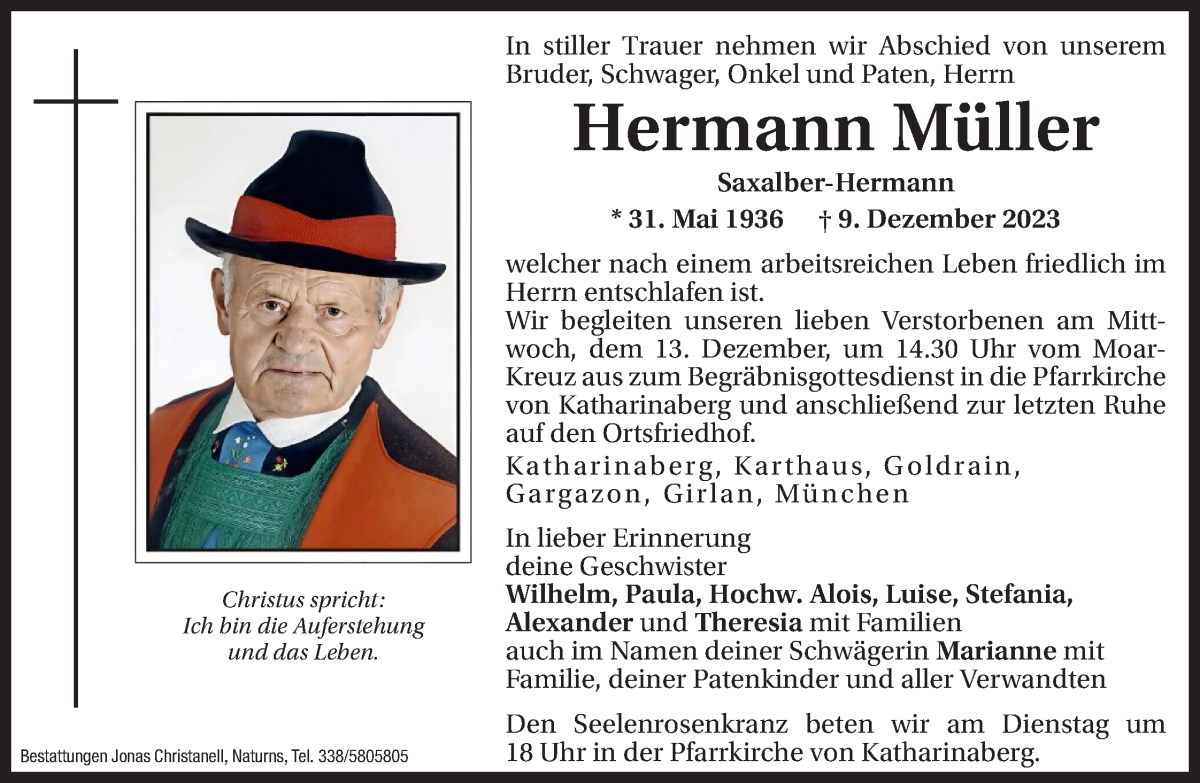  Traueranzeige für Hermann Müller vom 11.12.2023 aus Dolomiten