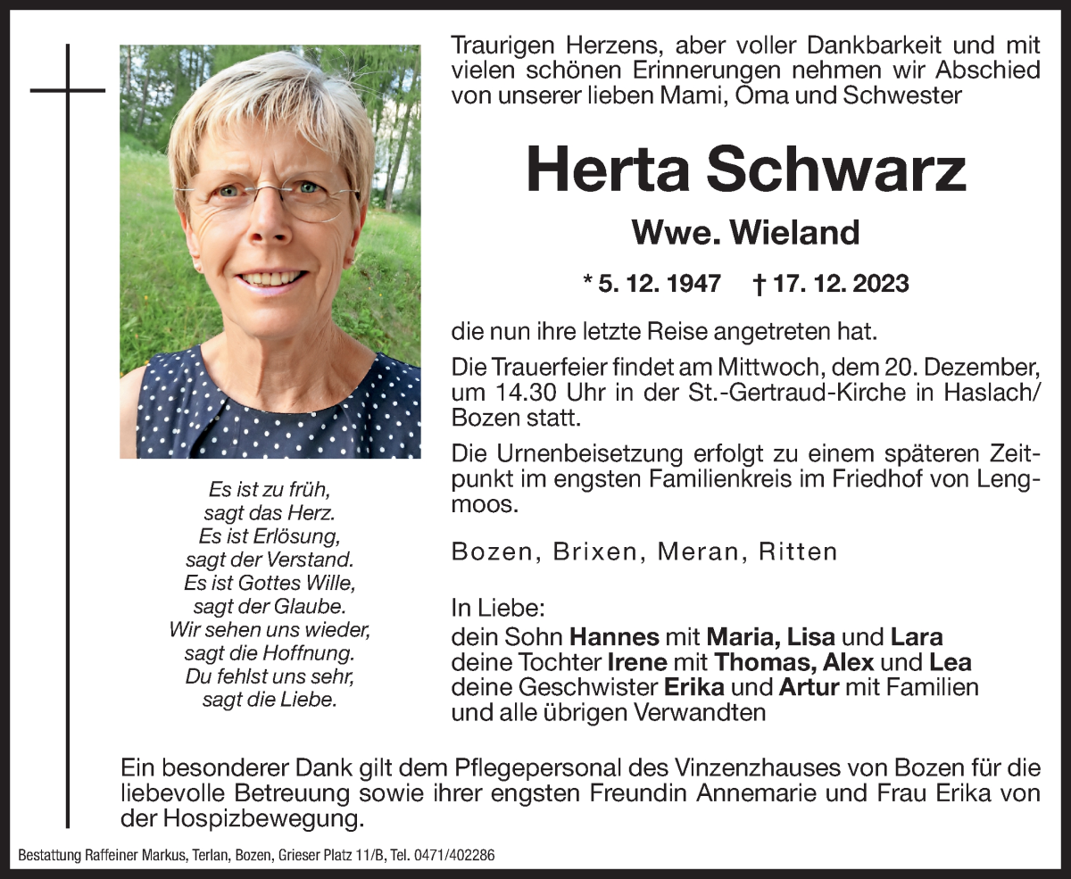  Traueranzeige für Herta Wieland vom 18.12.2023 aus Dolomiten