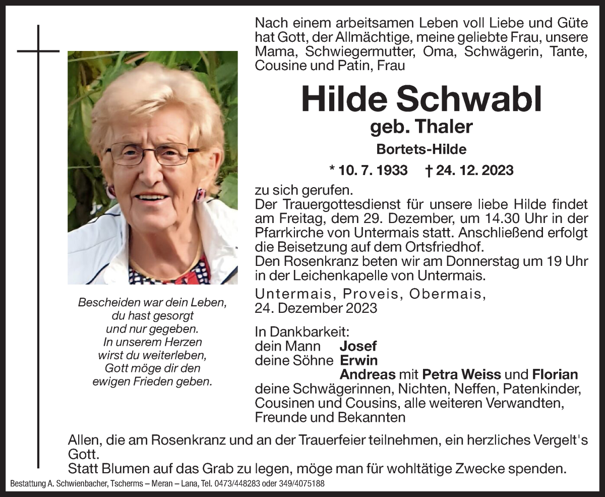  Traueranzeige für Hilde Schwabl vom 27.12.2023 aus Dolomiten