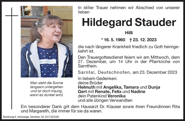 Traueranzeige von Hildegard Stauder von Dolomiten