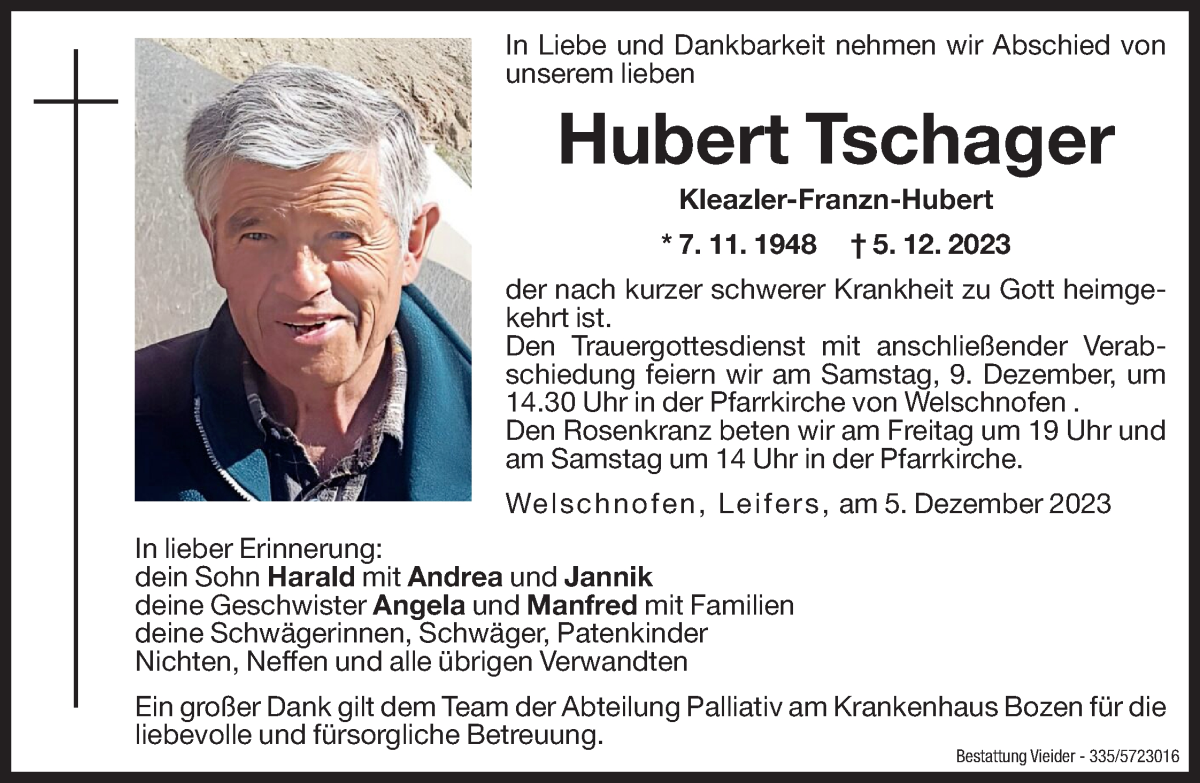  Traueranzeige für Hubert Tschager vom 07.12.2023 aus Dolomiten