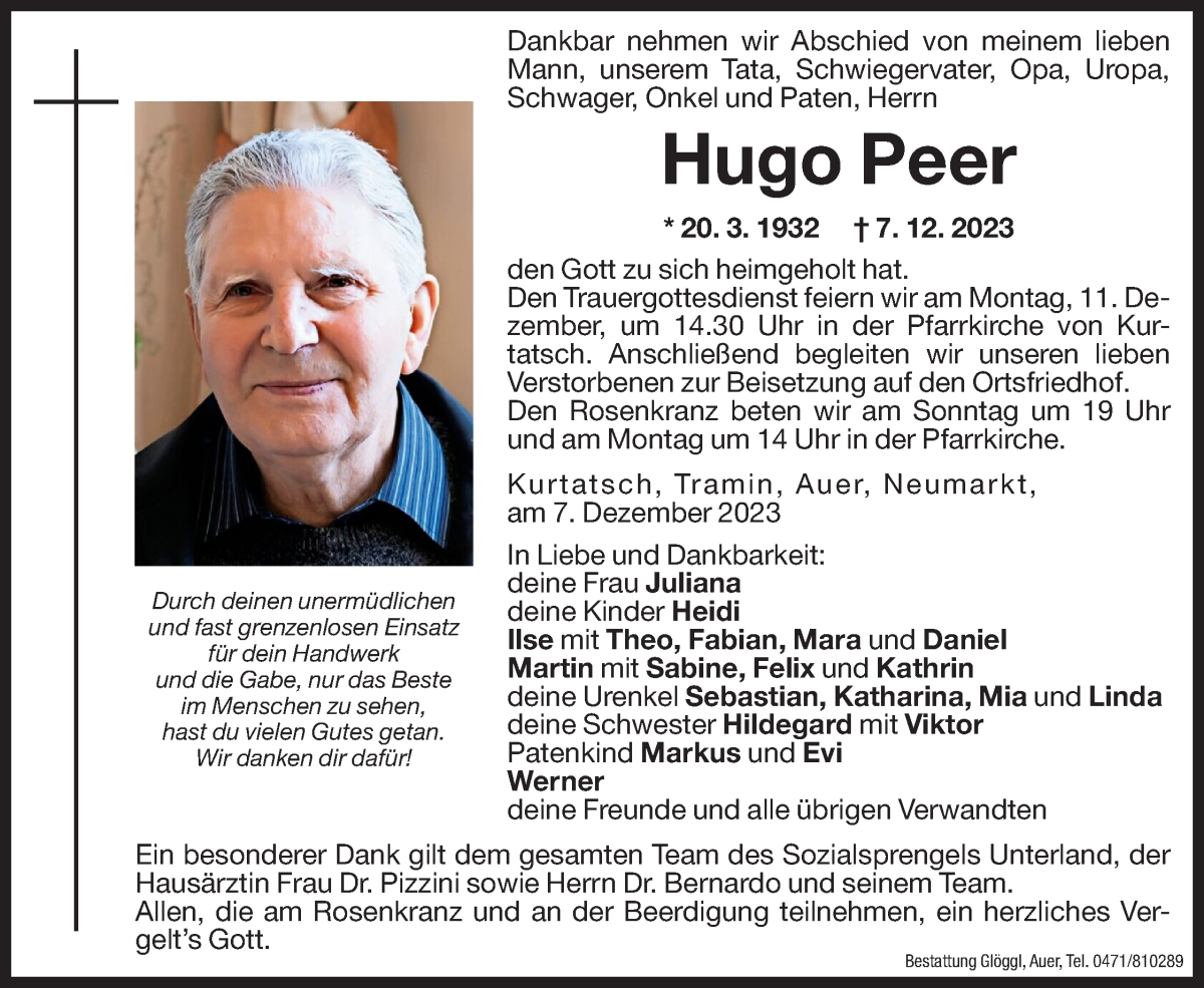  Traueranzeige für Hugo Peer vom 09.12.2023 aus Dolomiten