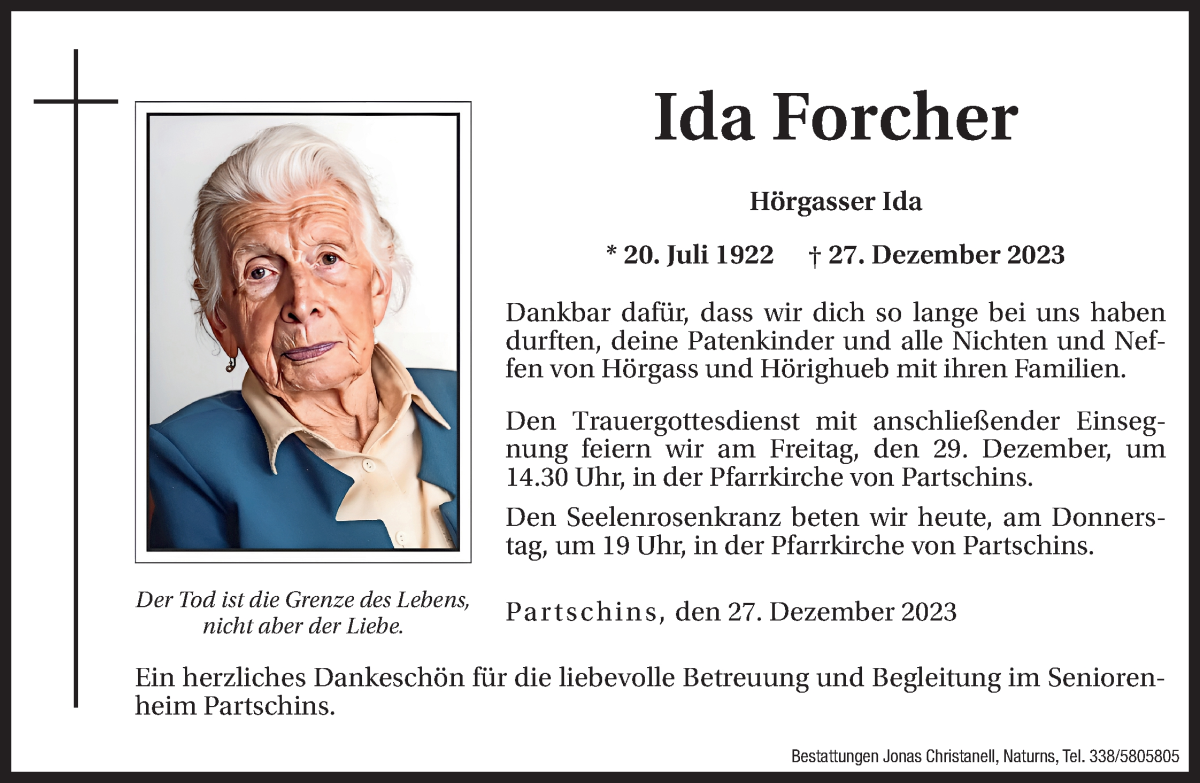  Traueranzeige für Ida Forcher vom 28.12.2023 aus Dolomiten