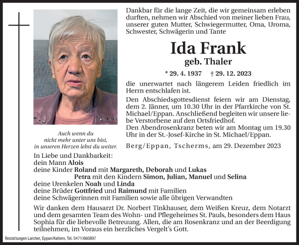 Traueranzeige von Ida Frank von Dolomiten