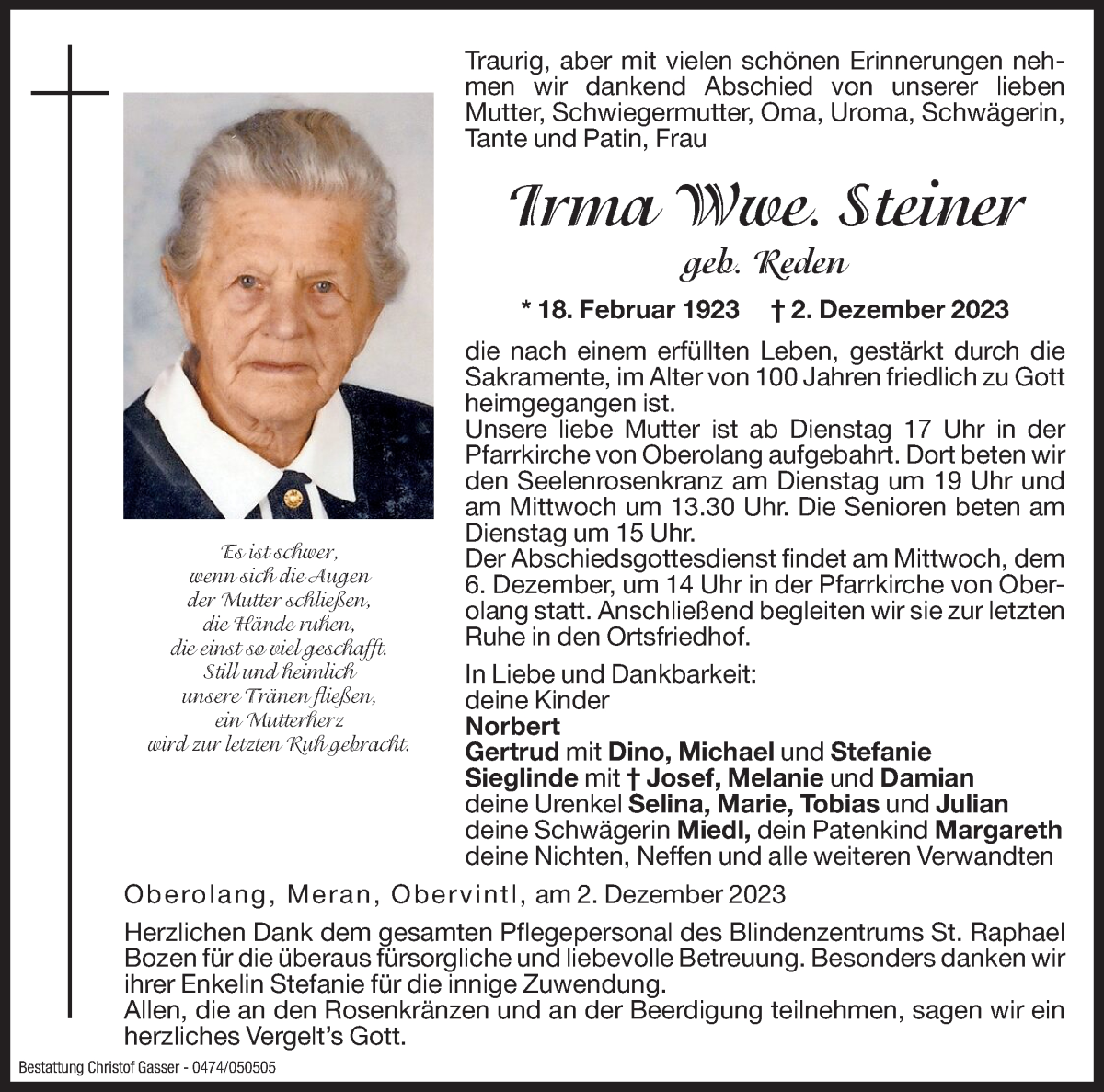  Traueranzeige für Irma Steiner vom 04.12.2023 aus Dolomiten